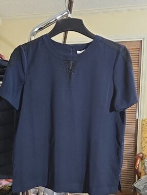 J. Crew Navy Blue Short Sleeve Shirt with Lace Accents Like New